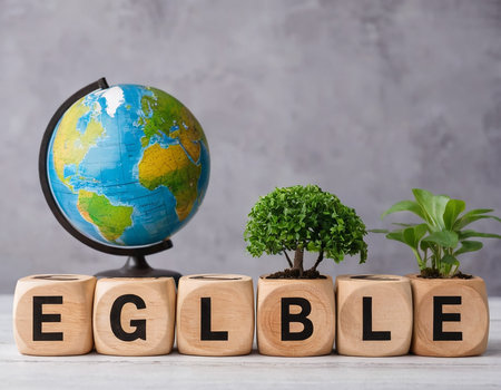 Word EGGLE on wooden cubes with green plants and globe.の素材