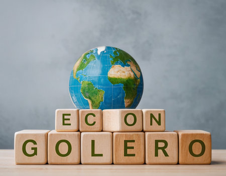 Cubes with the word eco globe on a wooden background. The concept of ecology.の素材