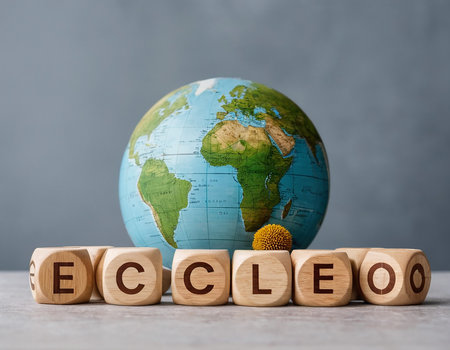 Wooden cubes with the word eco and globe on a gray backgroundの素材