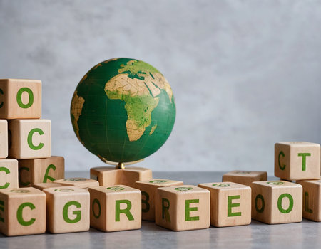 Wooden cubes with the inscription COVID-19 and a green globe on a gray backgroundの素材