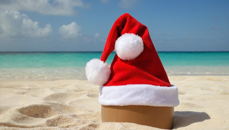 Santa hat on a tropical sandy beach. Christmas and New Year holidays conceptの素材