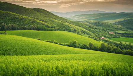 Tuscany landscape with green fields and village in the evening lightの素材