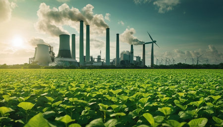 Power plant with green sunflower field and wind turbines in the backgroundの素材