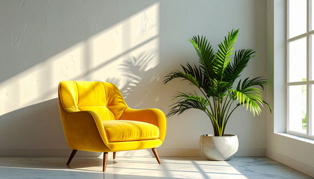 Yellow armchair in the living room with a plant on the wallの素材