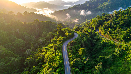Aerial view of the road in the tropical forest with morning fog.の素材
