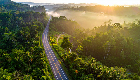Aerial view of the road in the tropical forest at sunrise.の素材