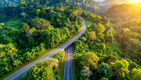 Aerial view of road in green forest at sunset, Thailand.の素材