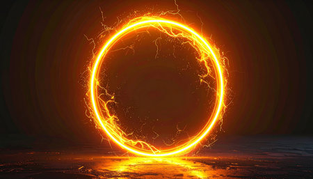 Glowing circle with lightning in the dark. 3D rendering.の素材