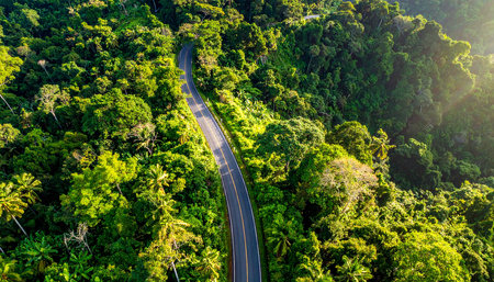 Aerial view of road in tropical forest. Nature landscape background.の素材