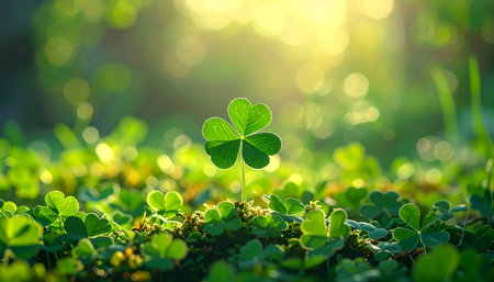 Green clover leaves on blurred background. St. Patrick's Dayの素材