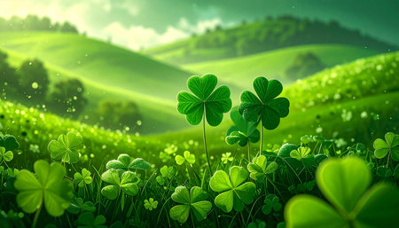 Green meadow with clover leaves. Happy St. Patrick's Day backgroundの素材