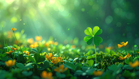 Green clover with yellow flowers and bokeh background. 3d renderingの素材