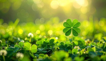 Green clover leaves on blurred background with bokeh effect.の素材