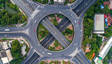 Aerial view of crossroads and roads in city, Thailand.の素材