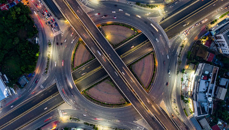 Aerial view of highway junction in Hong Kong city at night.の素材