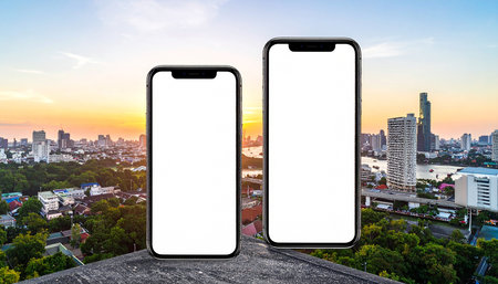 Smartphone with blank screen over Bangkok cityscape at sunset, clipping pathの素材