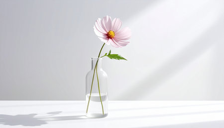 Cosmos flower in glass vase on white background with shadow.の素材