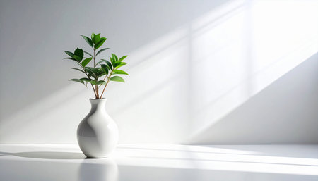 Green plant in a white vase on a white wall background.の素材