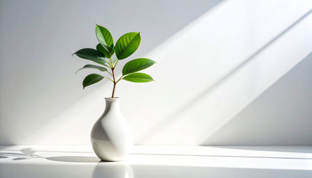 Green plant in a white vase on a white wall background.の素材