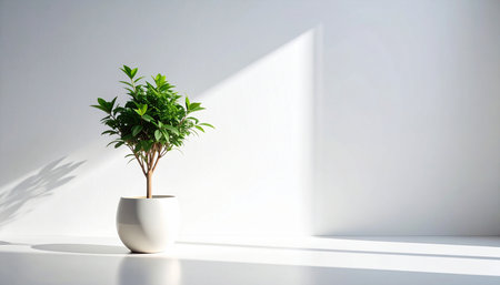 Plant in a white vase on a white wall background.の素材