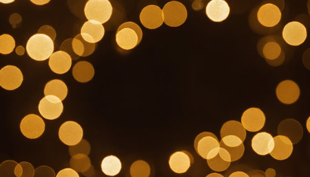 Golden bokeh lights on black background. Christmas, New Year concept.の素材