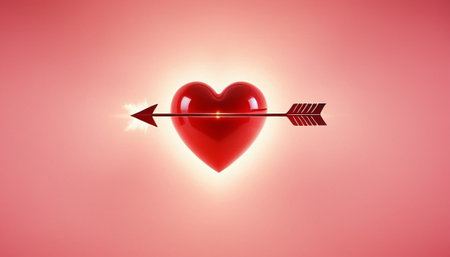 Red heart pierced by an arrow on a red background. 3d renderingの素材