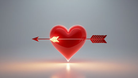 Red heart pierced by an arrow on a grey background. 3d renderingの素材
