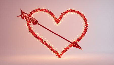 Red heart pierced by an arrow on a pink background. 3d renderingの素材