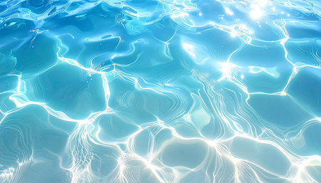 Blue water surface with sun reflections. Abstract background and texture for design.の素材