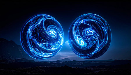 Abstract background image with blue light curved lines and mountains in the backgroundの素材