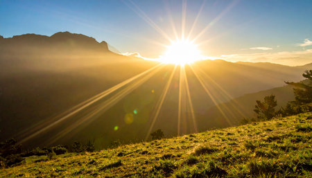 Sunset in the mountains. Landscape of a mountain valley.の素材