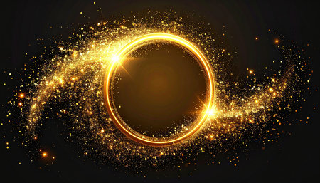 Abstract golden circle with sparkles on black background. Vector illustration.の素材