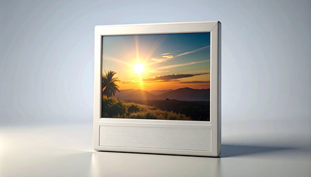 Sunset in photo frame on white background. 3D illustration.の素材