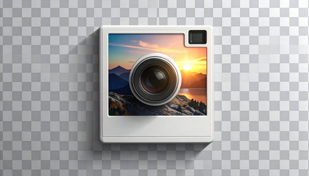Realistic photo camera with a picture of mountains. Vector illustration.の素材