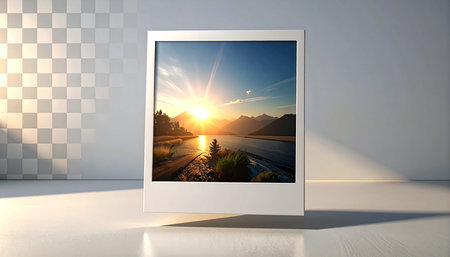 Sunset over the lake in a photo frame. 3D renderingの素材