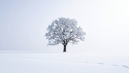 Single tree in the snow. Winter landscape with a lonely tree.の素材