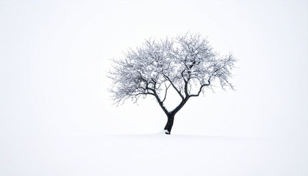 Winter landscape with lonely tree covered with hoarfrost on white backgroundの素材