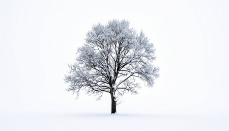Winter landscape - lonely tree covered with hoarfrost on white backgroundの素材