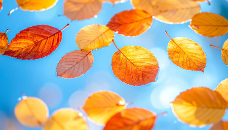 Autumn leaves on blue sky background. Fall season concept. Selective focus.の素材