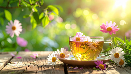 Cup of herbal tea with chamomile flowers on wooden table.の素材