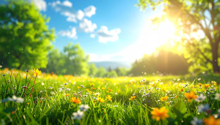 Summer meadow with blooming flowers and bright sun. Nature backgroundの素材