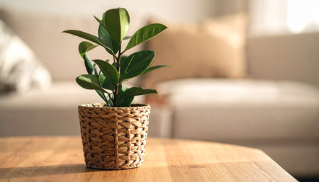 Ficus in a pot on a wooden table in the living roomの素材