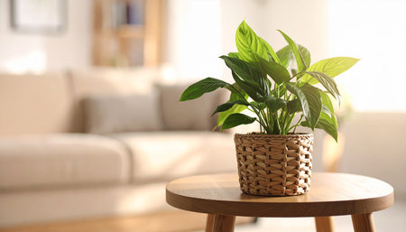 Beautiful houseplant in wicker pot on wooden table in roomの素材