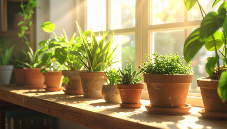 Plants in pots on wooden shelf near window. Gardening conceptの素材