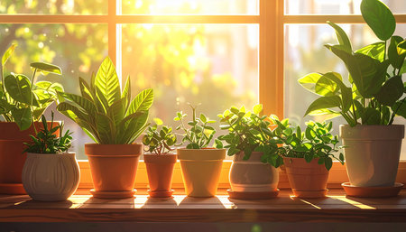 Plants in pots on windowsill at sunny day. Gardening conceptの素材