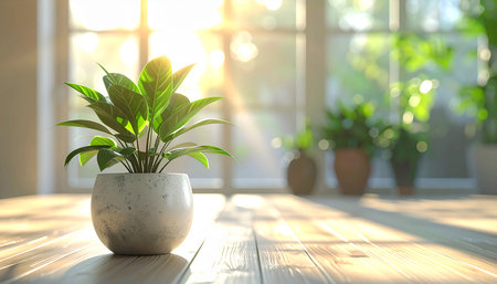 Indoor plant in a white pot on a wooden table in the sunlightの素材