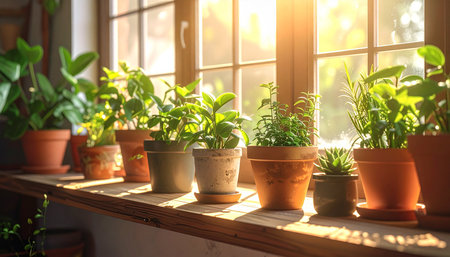 Plants in pots on window sill at home. Gardening conceptの素材