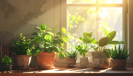 Plants in pots on the windowsill at sunset. 3d renderの素材