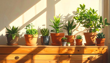 Plants in pots on a wooden chest of drawers in sunlightの素材