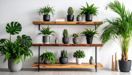 Wooden shelves with houseplants in pots on white wall backgroundの素材